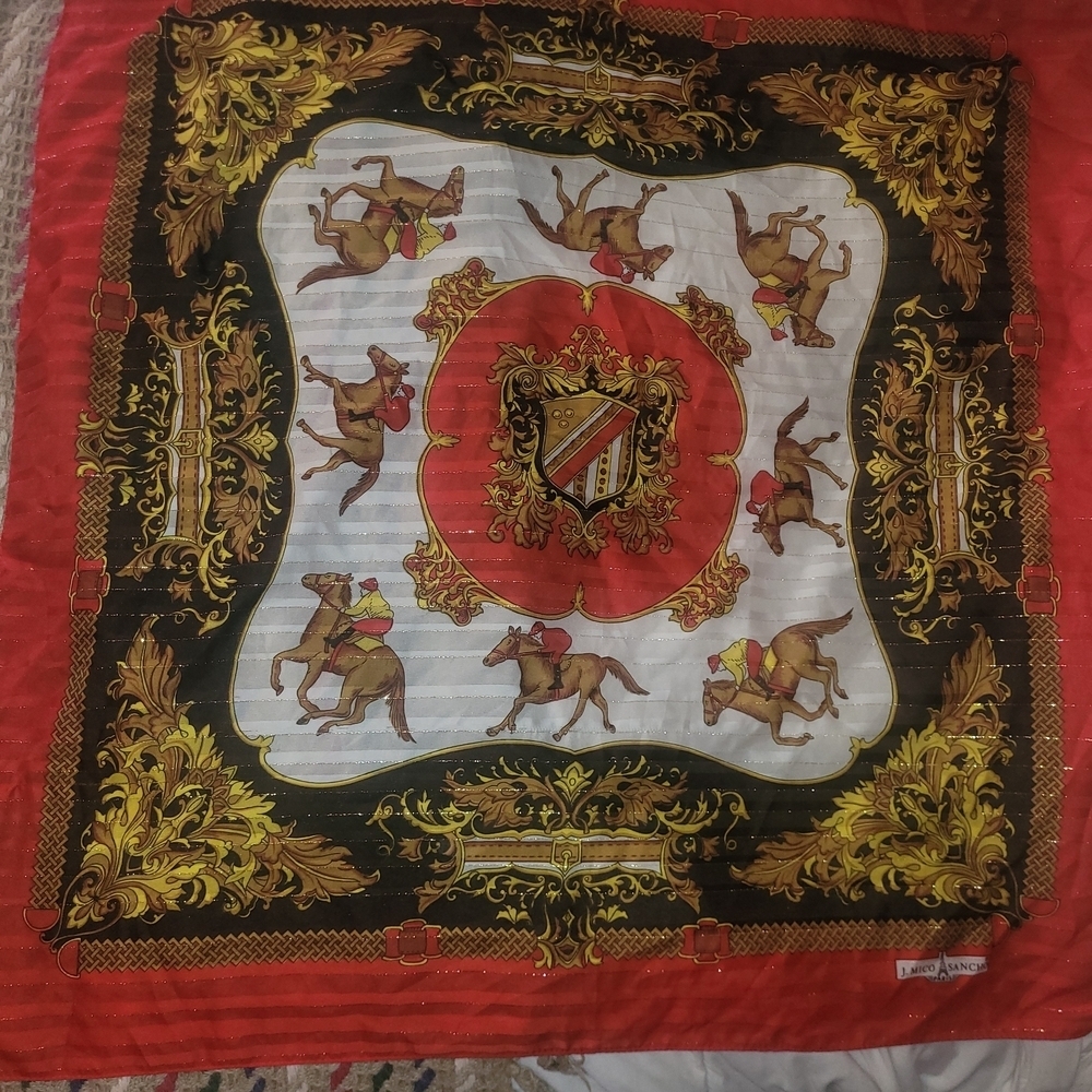J. Mico Sancho Equestrian Themed Scarf with Red and Gold Accents